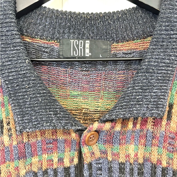 Vintage TSR Grandpa Sweater Eclectic Brown Green Collared Geometric Knit USA 80s - Picture 4 of 12
